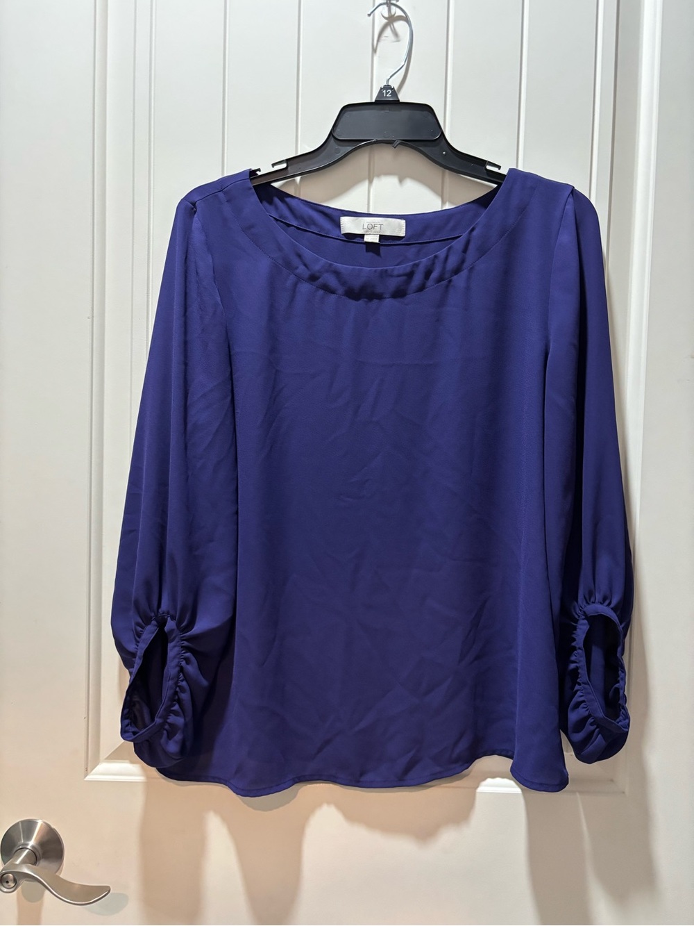 LOFT Deep Purple Long-Sleeve Blouse with Gathered Sleeve Detail